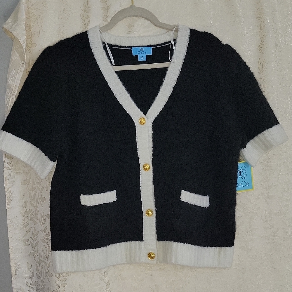 CeCe Black Cardigan with White Trim and Gold Buttons